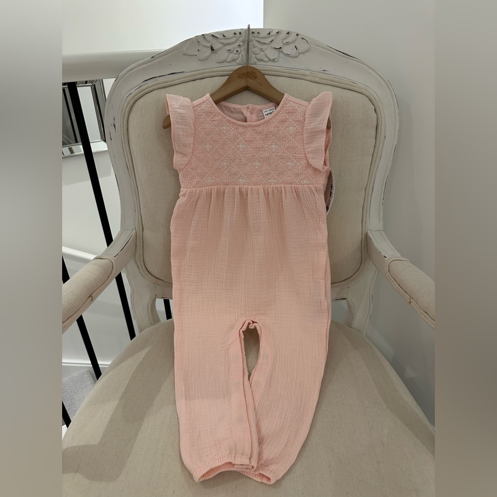 🦢 Baby 24 Mth Embroidered Smocked Muslin Cotton Romper Ballet Pink NWT